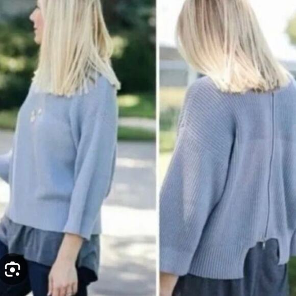 Cabi Fair Play Reversible Tight Knit Sweater Sz Large Ribbed Blue Gray Cardigan - Picture 1 of 9